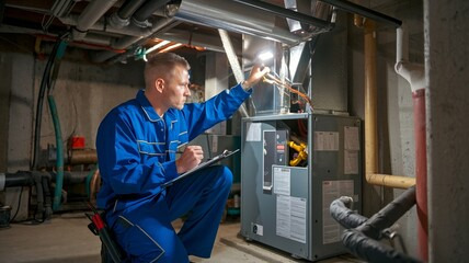 Professional HVAC technician inspecting a home furnace system for repair and maintenance.