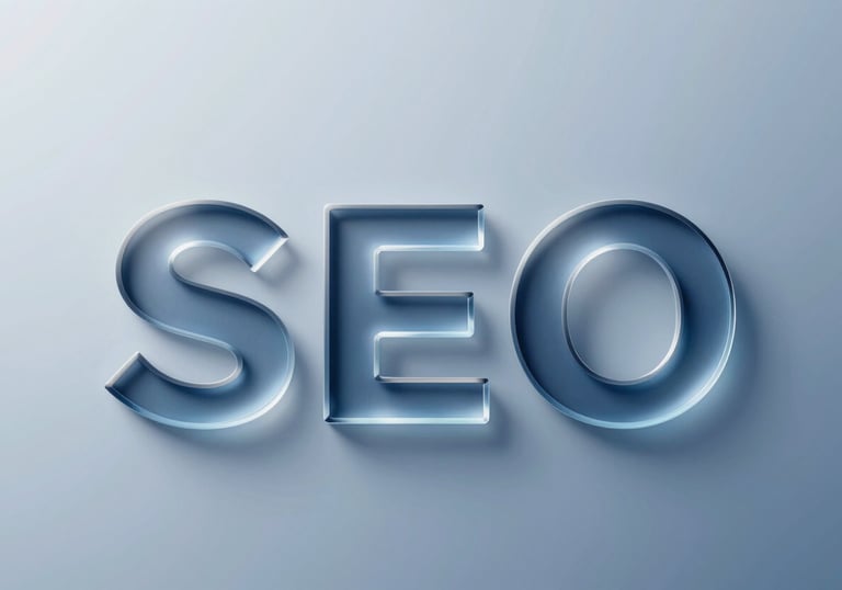 A minimalist tech-themed graphic representing growth and SEO, with soft shadows and high-end glass textures in #5E8BA8.