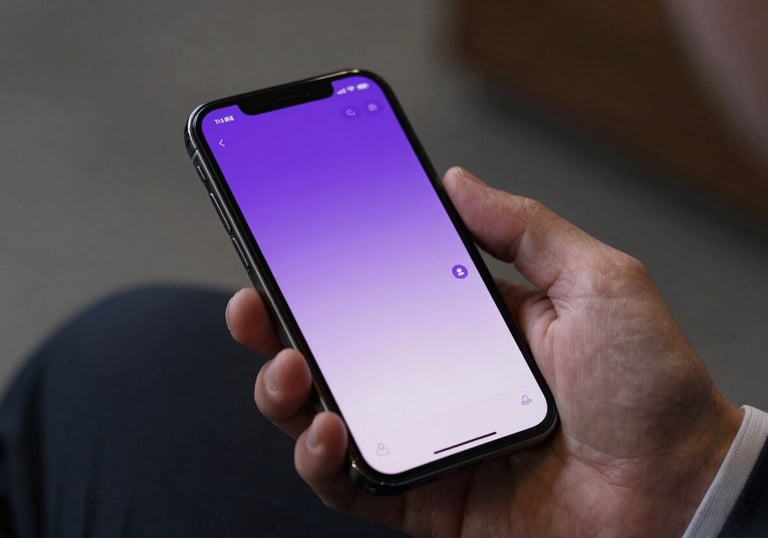 A close-up shot of a smartphone displaying a sleek, minimalist chat interface with royal amethyst and soft lavender highlights, held by a person in a professional suit.