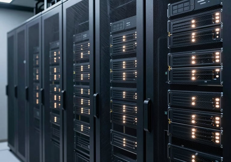 An organized, modern server room with muted sage and deep navy hardware, glowing with soft warm off-white indicator lights.