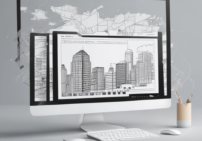Close-up of a modern website wireframe with dark backgrounds and vibrant color accents.
