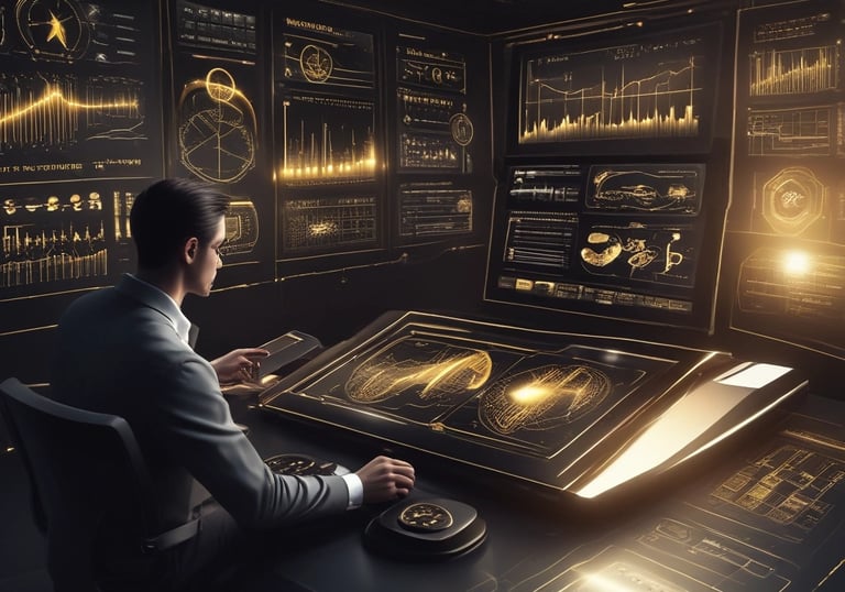 A professional consultant reviewing data analytics on a sleek laptop in a modern office.