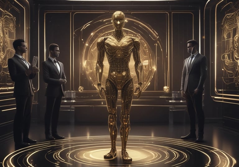 Team collaborating around a table with digital screens showing AI workflow diagrams.