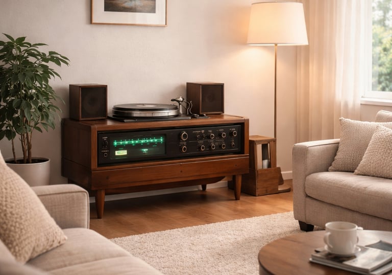 Patefonas su vinilinėmis plokštelėmis ir porcelianiniais indais interjere