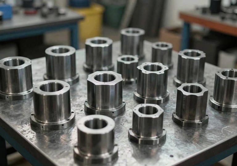 A collection of finished industrial components on a metal workbench. The scene is illuminated by soft light reflecting off steel surfaces in a Middle Eastern / Turkish workshop, conveying a sense of precision and professional order.