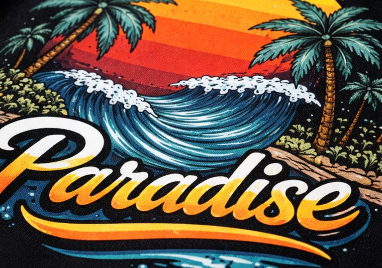 a black shirt with a sunset and palm trees