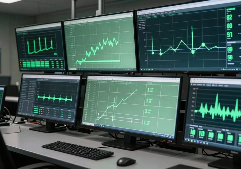 A high-tech control room with screens displaying energy data in shades of medium sage green and dark slate green, representing operations management.