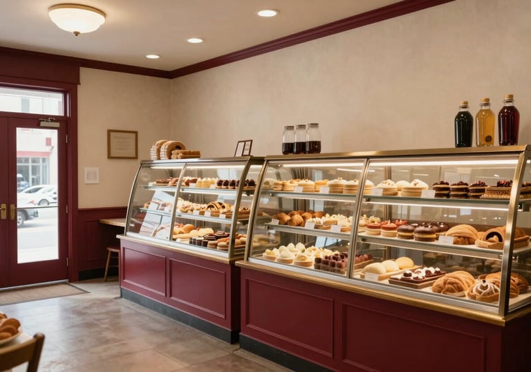 A wide shot of an artisanal bakery in North American / US during the morning. Cozy interior with Crisp Parchment walls and Deep Ripe Crimson décor.