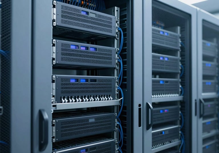 A modern data center aisle with clean blue-grey racks and neat cabling, representing sophisticated software infrastructure and security.