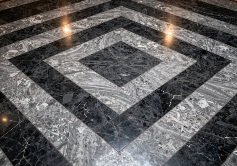 High-angle shot of a polished marble hallway floor with a geometric pattern of charcoal black and silver grey tiles, reflecting overhead lights.