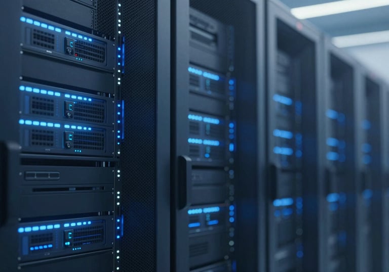 An image of a high-end server room with subtle blue LED lights, representing the data-driven backend of performance marketing. Clean and sophisticated, utilizing #1C2541 and #E0FBFC.