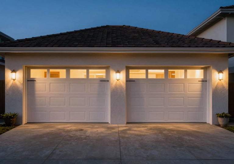A wide-angle shot of a beautifully finished garage door installation on a Los Angeles driveway at dusk. The warm interior garage lights contrast with the cool, professional dark blue sky.