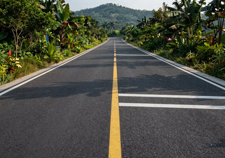 A finished modern asphalt road with clean yellow and white markings through a lush landscape, showcasing infrastructure excellence, high-resolution photography, morning light.
