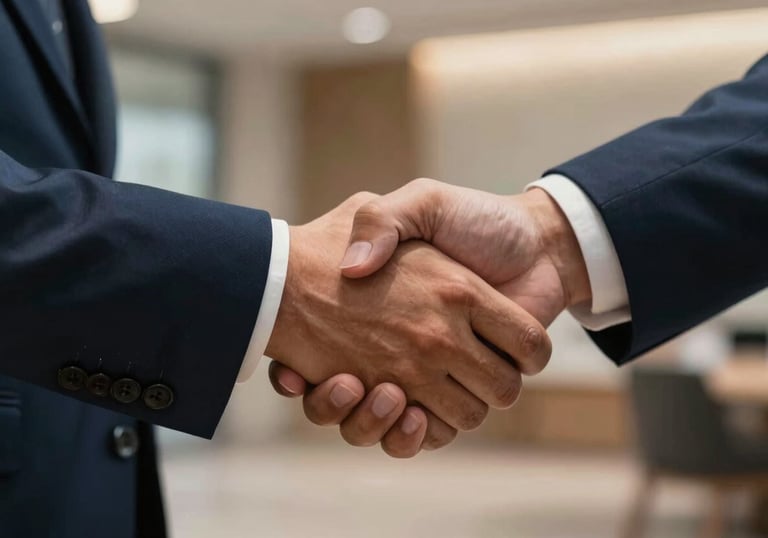 A close-up of a firm handshake between two partners in a Southeast Asian / Indonesian business setting, elegant Deep Midnight Blue suit sleeves visible, warm indoor lighting.