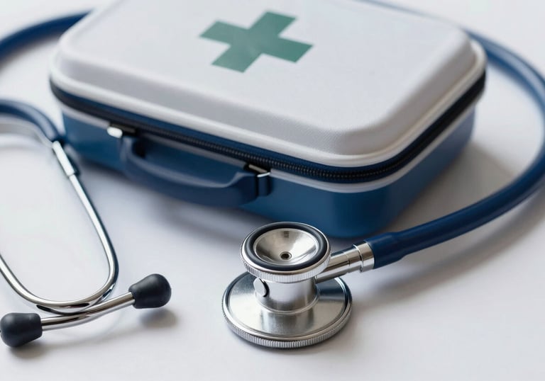 Close-up of a first aid kit and a modern stethoscope resting on a white surface, clean medical photography with blue accents.
