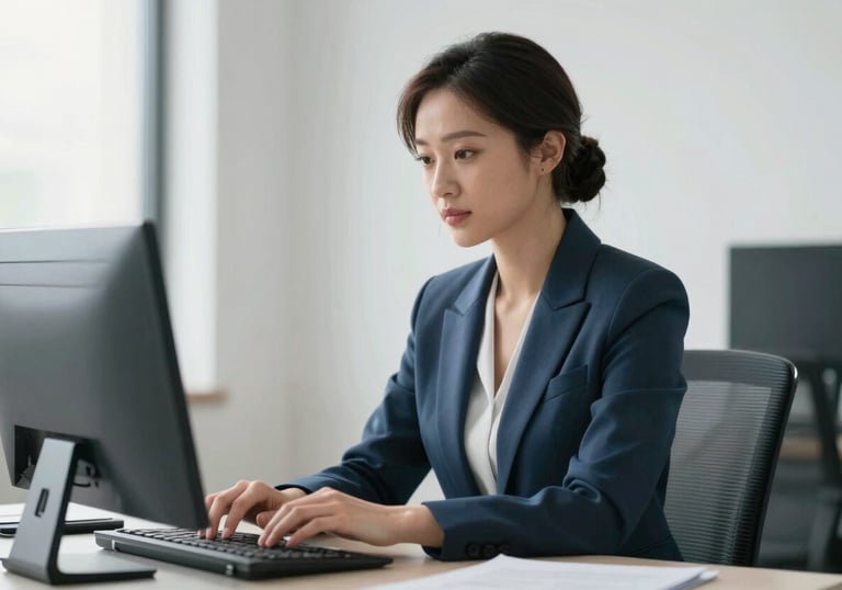 A professional woman in a dark slate blue blazer working in a bright, clean, minimalist office environment.