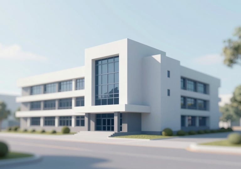 A stylized architectural icon of a modern school building with clean geometric lines in #F5F8FA and #1A2E35, representing stability.