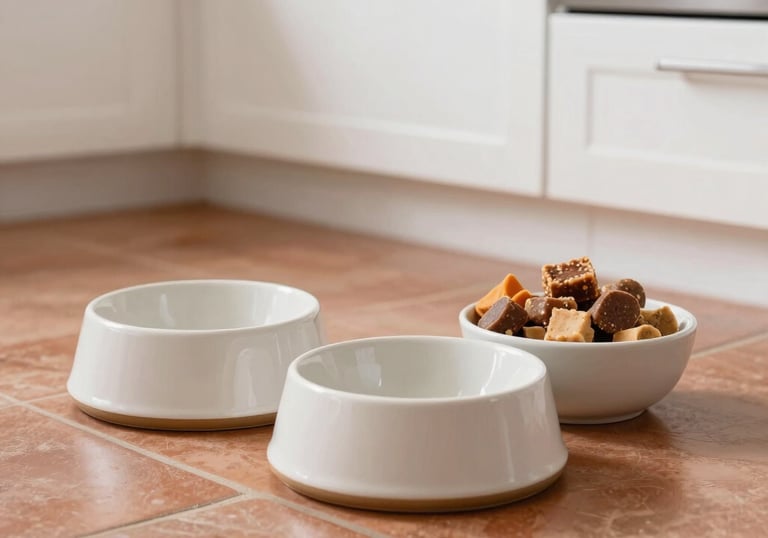 Clean, ceramic dog bowls and organic treats arranged on a terracotta floor in a bright, modern Southern European kitchen.
