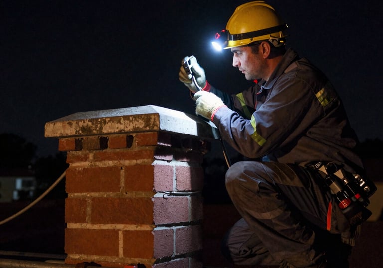 Technician carefully sweeping a brick chimney inside a cozy home.
