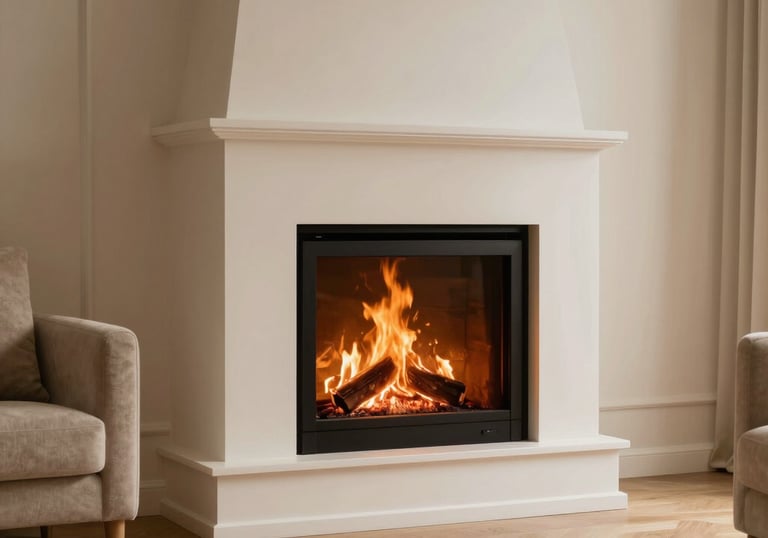 Warm fireplace glowing inside a home after chimney service.