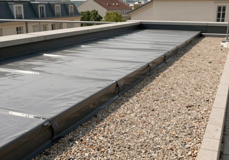 View of a professional flat roof terrace with expert waterproofing layers and decorative gravel, clean lines, urban European / French setting.