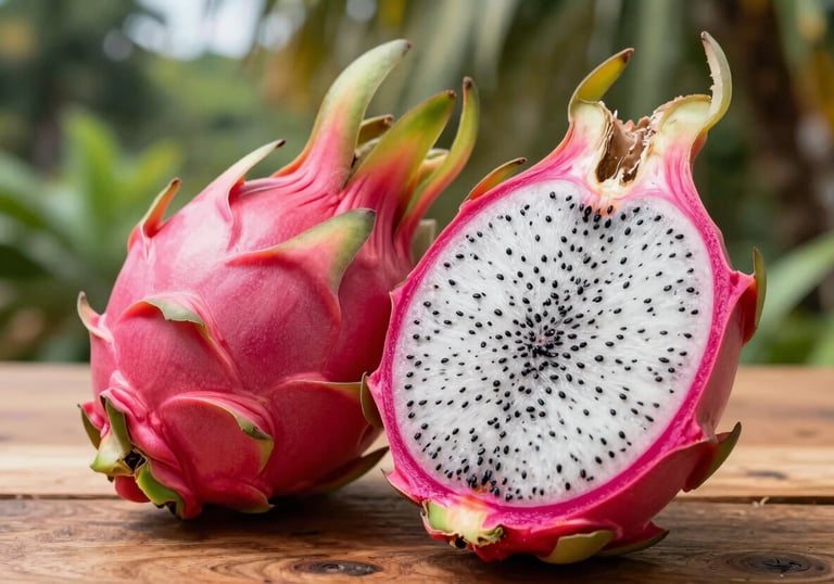 Close-up photography of a fresh dragon fruit sliced in half, vibrant pink skin and white flesh with black seeds, sitting on a wooden surface in a Latin American tropical farm environment.