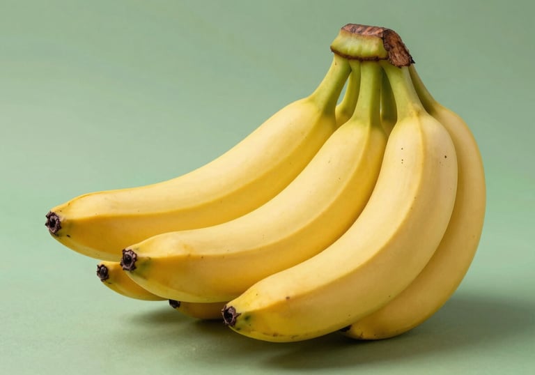 Clean photography of a perfect bunch of bright yellow export-quality bananas against a soft green background, professional studio lighting.