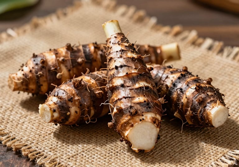 Artistic shot of freshly harvested yucca and malanga roots on a natural fiber mat, Latin American tropical sunlight highlighting the textures.