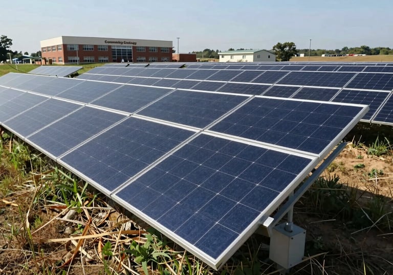 A field of solar panels situated in a rural North American landscape, with a community college building visible in the background. Bright, natural lighting emphasizes a clean, sustainable future.
