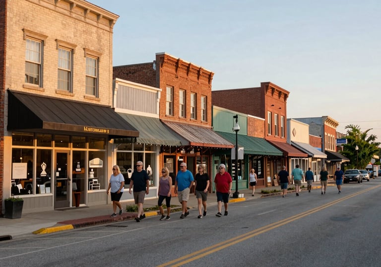 A bustling main street in a small US town that has undergone revitalization. Local shopfronts are clean and thriving, with residents walking along a well-lit sidewalk during the late afternoon.