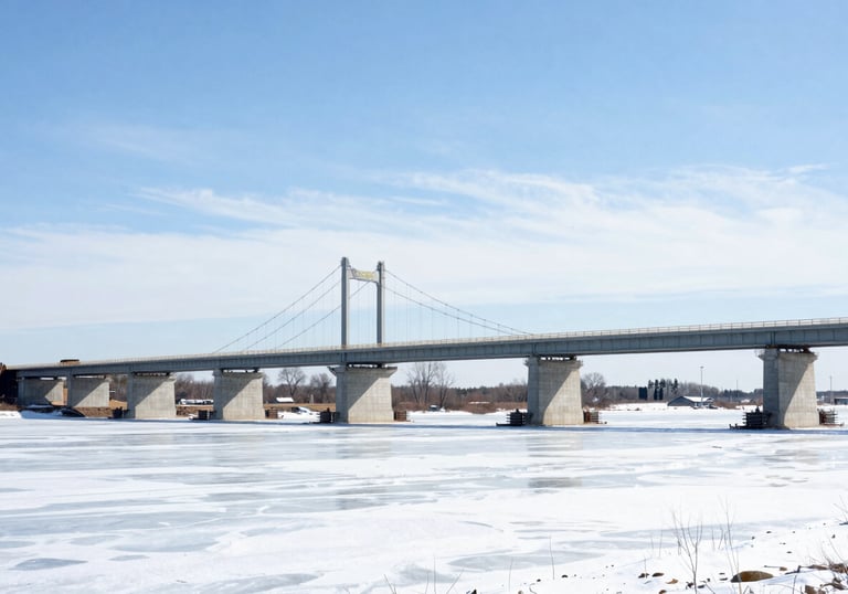 A documentary-style photo of a new bridge being constructed in a North American rural setting. The composition shows the integration of engineering and landscape under a bright ice white and light blue sky.
