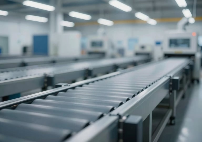 An image of a high-speed conveyor belt in a logistics hub, blurred to indicate motion and speed, using a palette of #F4F7F8 and #2F4858.
