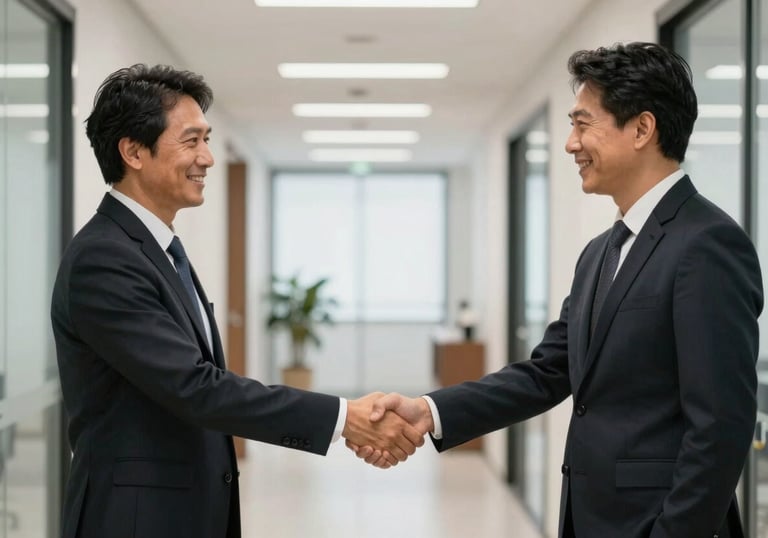 A handshake between two professionals in a bright Brazilian office corridor, representing a successful job match and the start of a new professional journey.