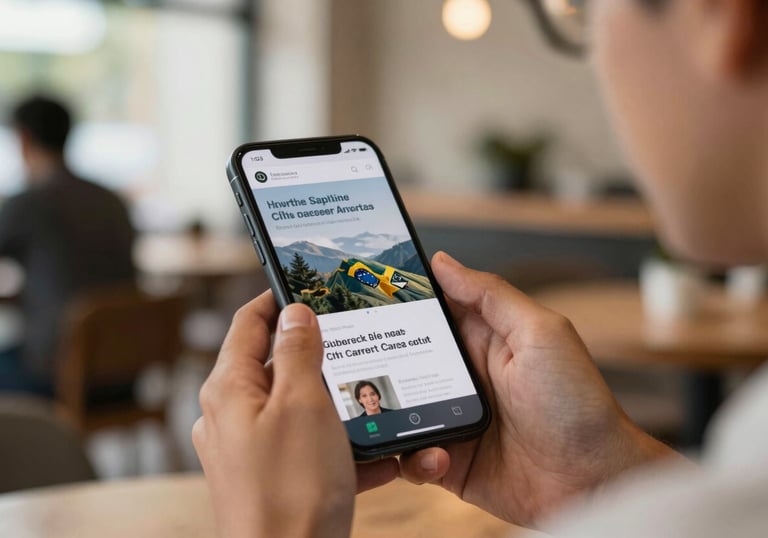 A South American / Brazilian professional using a smartphone to navigate a website, focused expression, sitting in a bright cafe environment, showing technology as a tool for career growth.