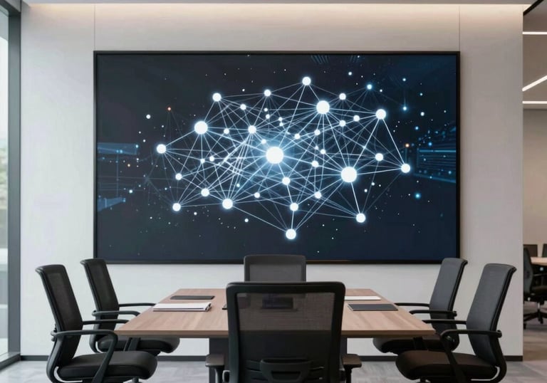A minimalist, high-tech meeting room with a large screen displaying complex network nodes, ergonomic chairs, and clean lines in a North American tech hub.