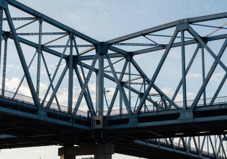 A wide shot of a modern city bridge in North America, symbolizing connectivity and network strength, in steel blue and dark navy tones.