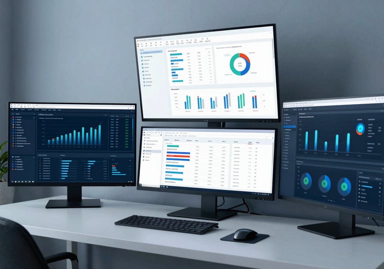 A high-tech digital marketing setup in a modern North American / US home office. Multiple screens display analytics, with a clean aesthetic and muted steel blue lighting.