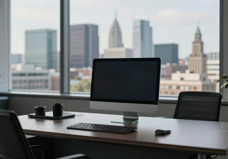 A minimalist view of an executive office desk with high-end technology and a view of a European financial district through the window, sophisticated lighting.