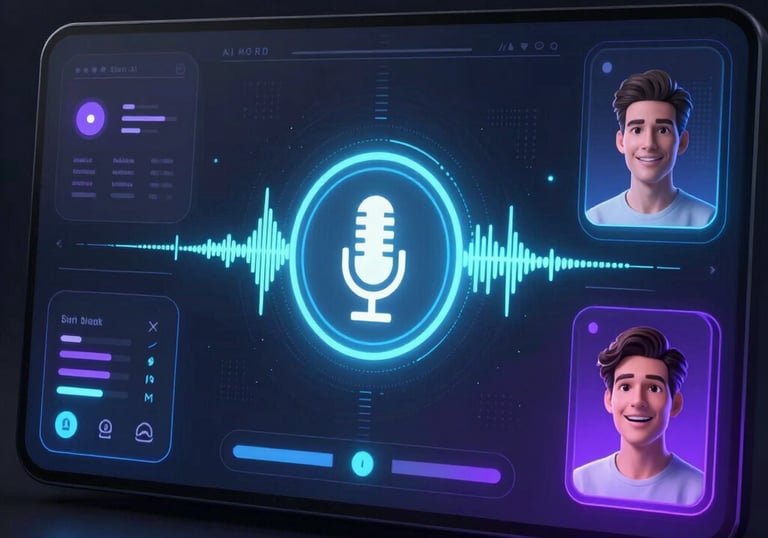 Glowing white outlined icon of a futuristic AI voice assistant with glassmorphism effect.