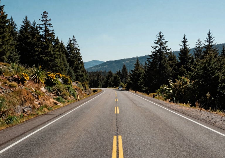 A scenic view of a clean highway winding through a Pacific Northwest landscape under a clear sky, North American / US, wide-angle lens.