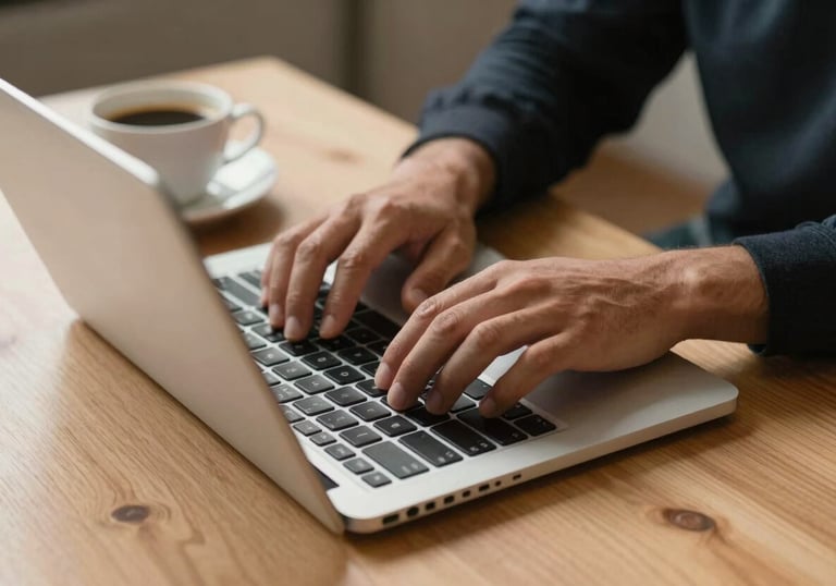 A person’s hands typing on a laptop next to a cup of coffee on a table made of light wood. Professional and warm.