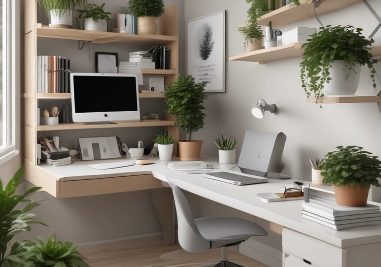 A sleek desk setup featuring a colorful desk mat, stylish poster, and modern office accessories.