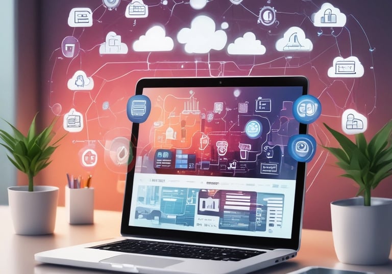 Close-up of hands typing on a keyboard with a neat desk setup in the background.