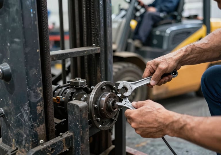 Action shot of a mechanic swiftly replacing a part on a forklift wheel, motion blur on the background, crisp focus on the hand and wrench, professional industrial photography.