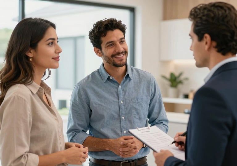 A happy family signing a property reservation contract in a bright office.