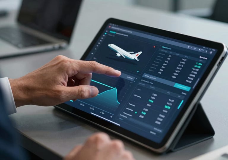 Close-up of a professional in a North American / US office analyzing aviation data on a sleek digital tablet, steel blue and dark navy tones.