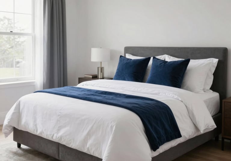 Wide shot of a perfectly cleaned North American bedroom with a freshly made bed featuring white linens and navy blue throw pillows. The room is spacious, bright, and serene, reflecting high-quality service and a seamless customer experience.