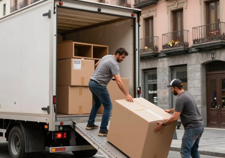 Professional movers carefully packing and loading a luxury apartment.