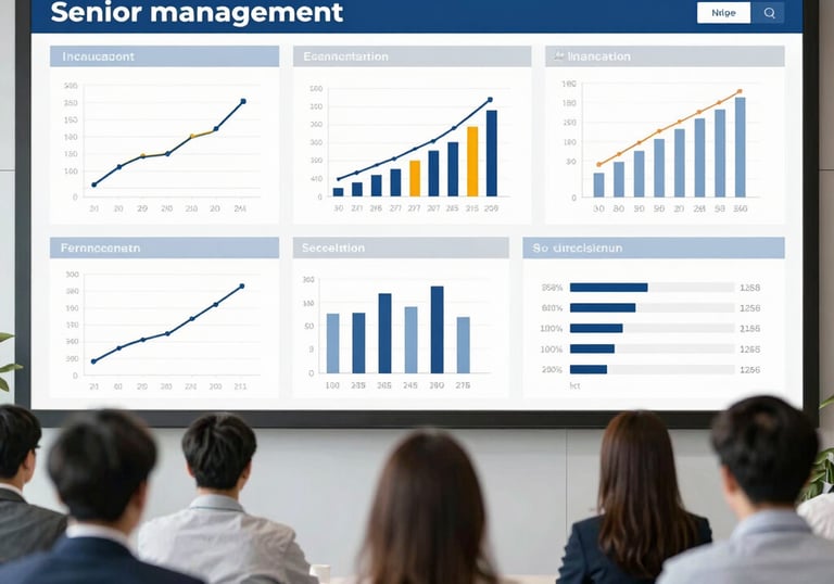 An executive reviewing a digital dashboard with key performance indicators in a bright office.