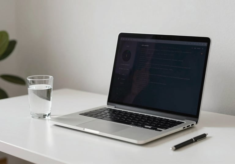 A minimalist and organized workspace with a laptop and a glass of water in a bright Brazilian room, representing modern digital health access.